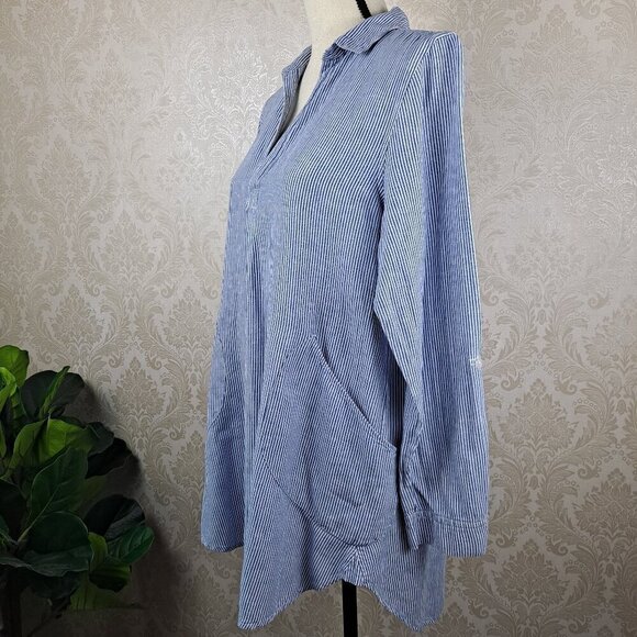 For Cynthia Sz Medium Blue White Striped Tunic Long Sleeve Roll Tab Split V-neck - Picture 5 of 15